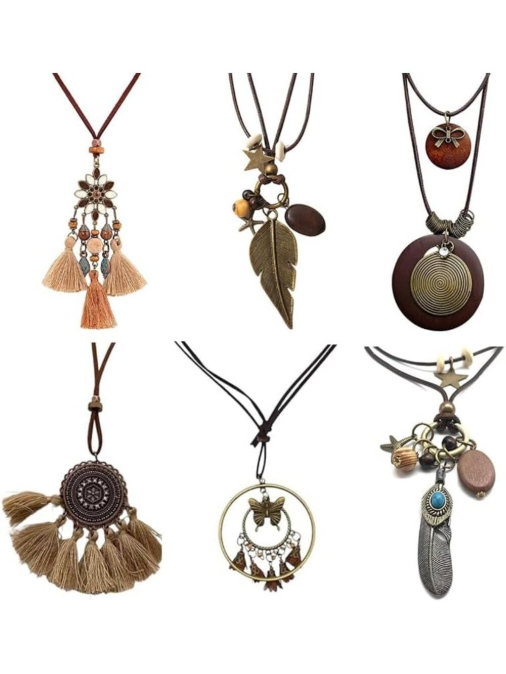 Boho Leather Layered Necklaces Set - Vintage Pendant Jewelry with Tassels